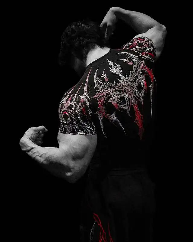 GYM T-shirt Men's Dark Gothic Print Muscle Tee  High Elasticity And Quick Drying Exercise For Bodybuilding Training 2025 Summer